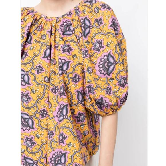 NWOT Rhode Rowan Top Blouse Gold Lotus Print Puff Sleeve 100% Cotton Size XS - Picture 3 of 8